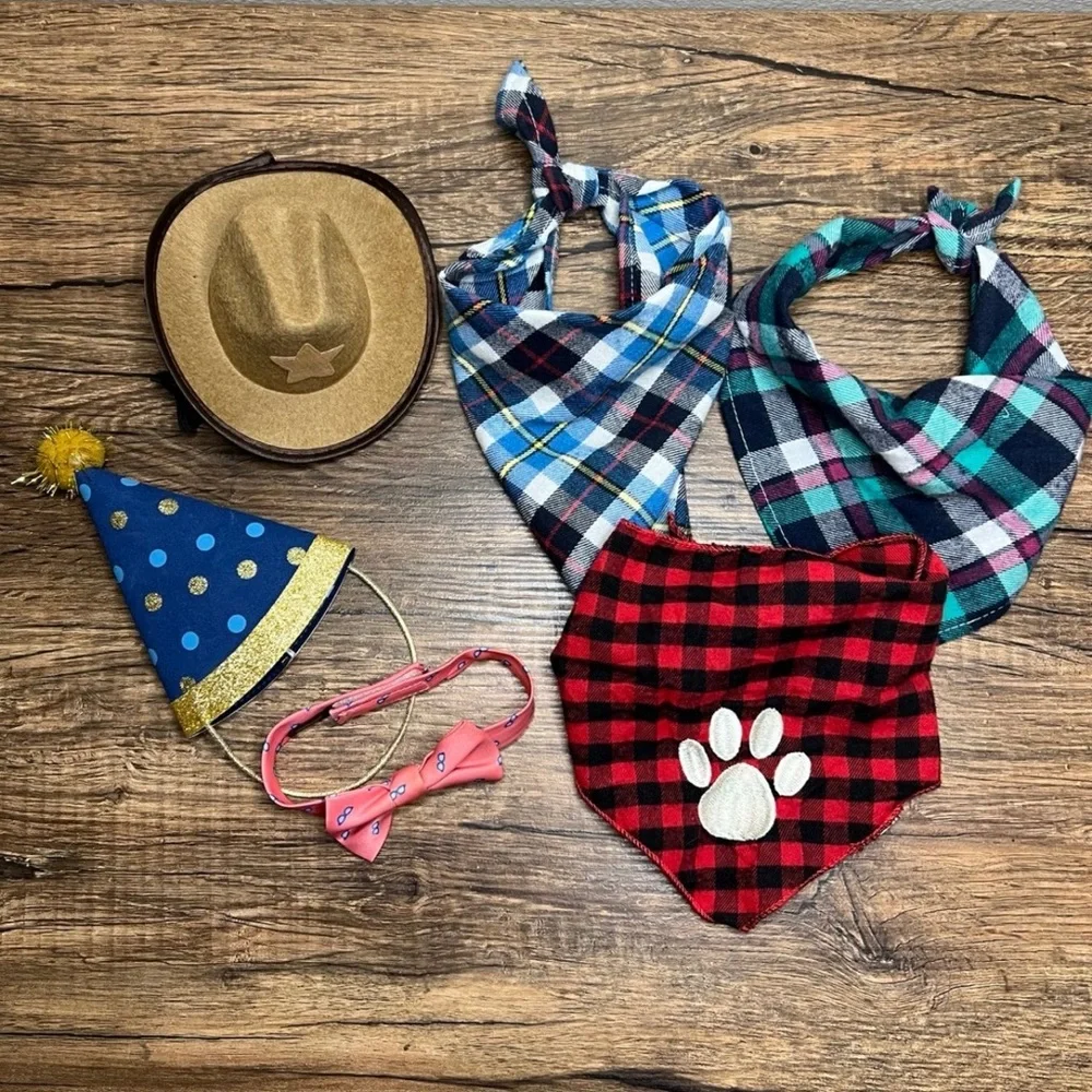 Small Dog Accessories Bundle – Bandanas, Birthday Hat, Bow Tie & Cowboy Hat